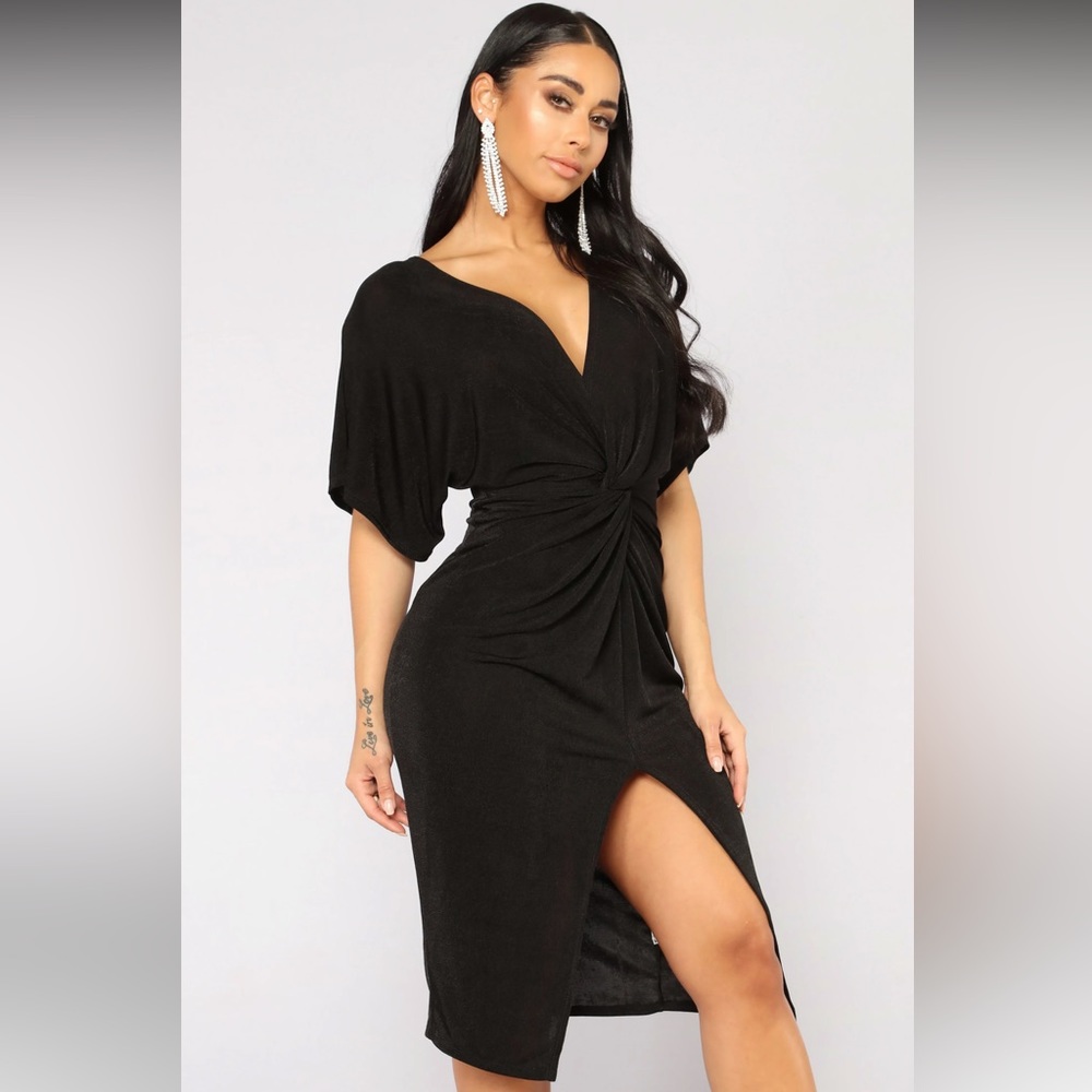 NWT- Fashion Nova -Black Slinky Dress- Front Knot detail- Size:XL Front slit